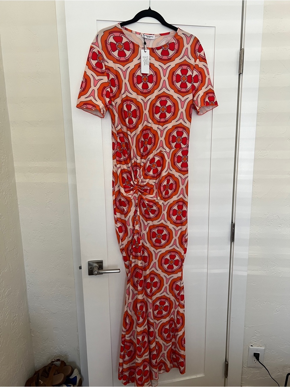 Eywasouls Malibu Geometric Red & Orange Knot-Front Maxi Dress